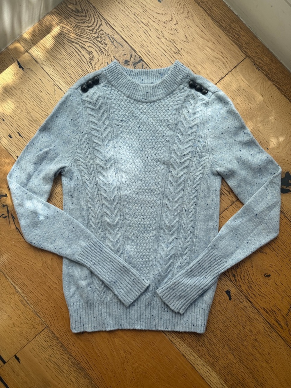 KUJTEN Cashmere Baby Blue Cable Knit Sweater with Shoulder Buttons